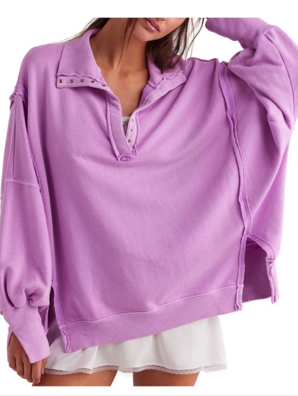We The Free- Women's Oversized S Lavender Pullover Camden Henley Top - Women